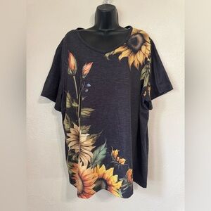 Gray Sunflower-Print Short Sleeve Tee 0543